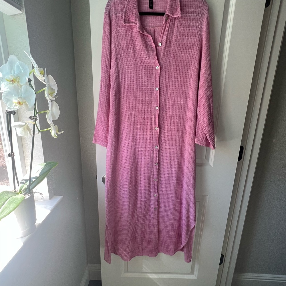 Chic Pink Long Button-Up Dress